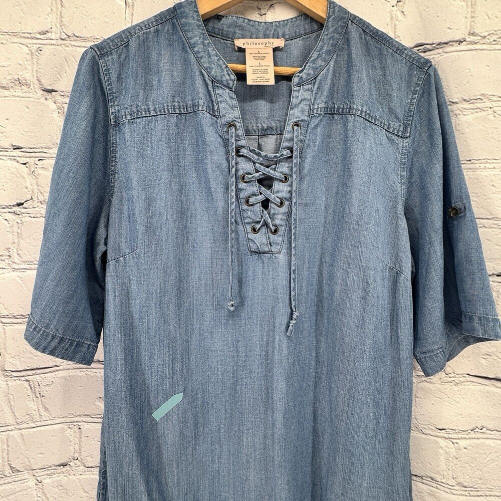 Philosophy Shift Dress L Blue Chambray Lace Up Boho Coastal Lagenlook - Picture 7 of 15